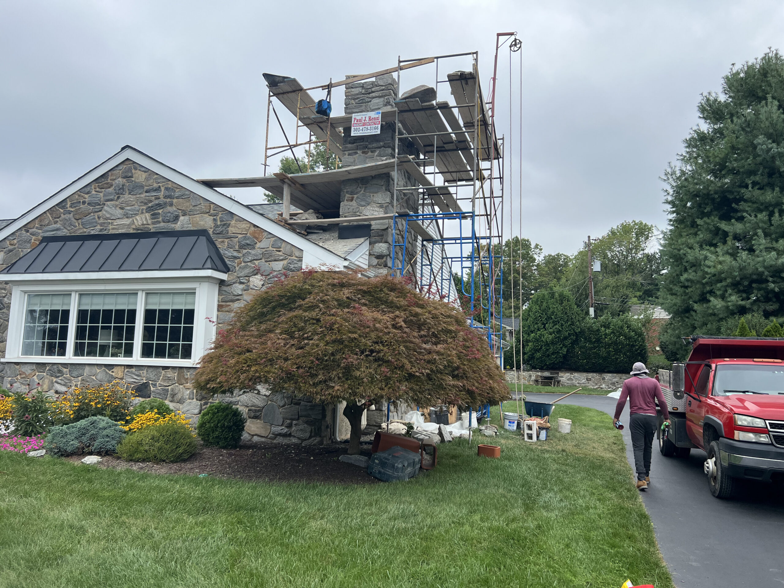 Stone House with scaffolding
